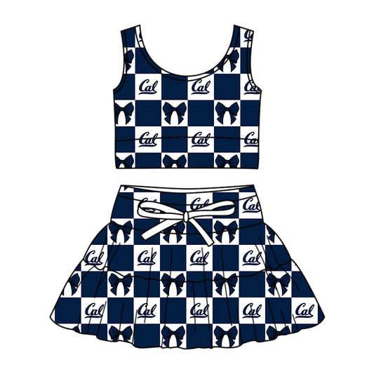 Preorder (moq 5)Baby Girls Navy Cal Bows Checked Vest Top Skirt Short Team Clothes Sets