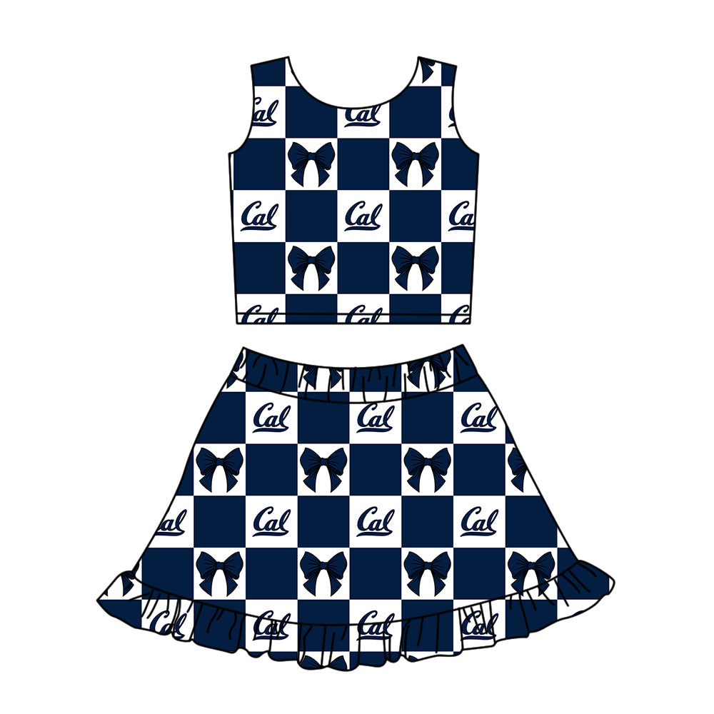 Preorder (moq 5)Baby Girls Navy Cal Bows Checked Vest Ruffle Skirt Short Team Clothes Sets