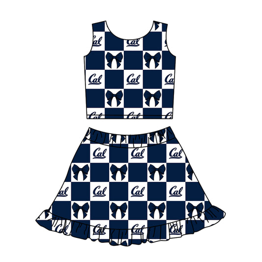 Preorder (moq 5)Baby Girls Navy Cal Bows Checked Vest Ruffle Skirt Short Team Clothes Sets