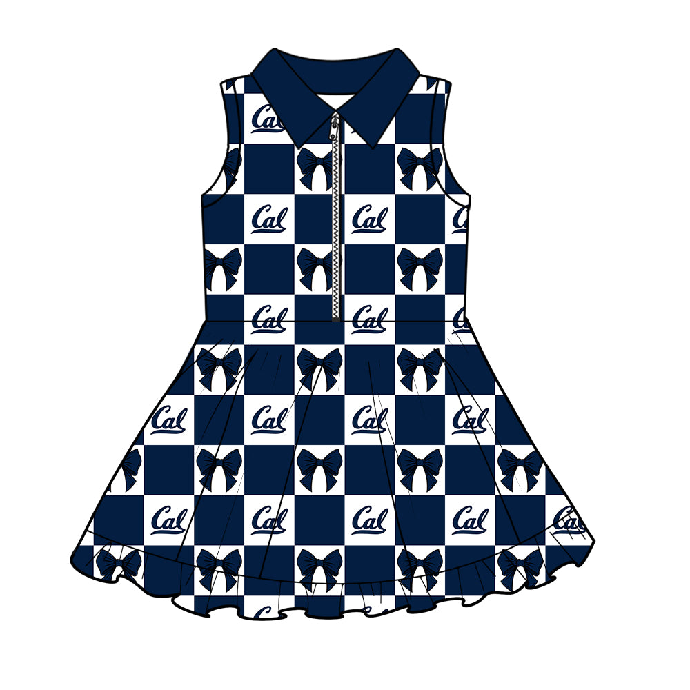 Preorder (moq 5)Baby Girls Navy Cal Bows Checked Zipper Short Team Knee Length Dresses