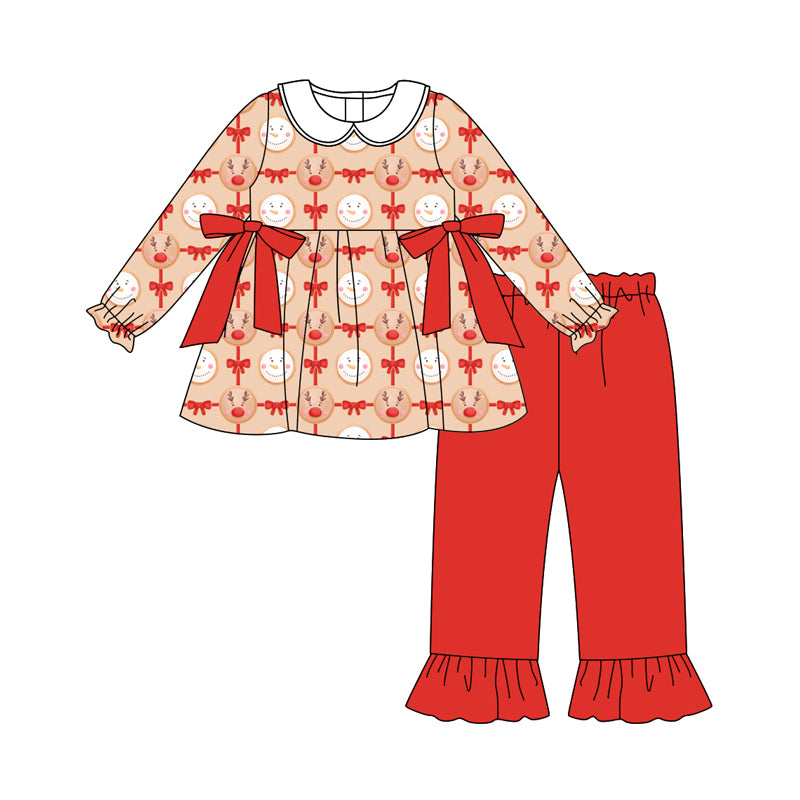 Preorder (moq 5)Baby Girls Christmas Reindeer Bows Tunic Top Ruffle Pants Outfits Sets