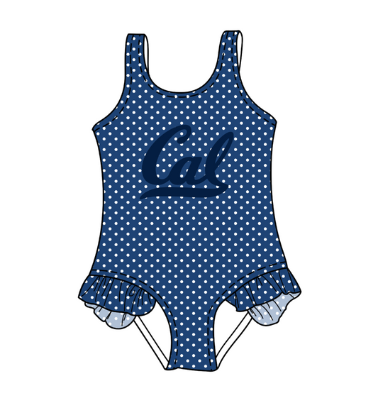 Preorder moq 5 Baby Girls Sleeveless Blue Polka Dots Cal Team Swimsuits