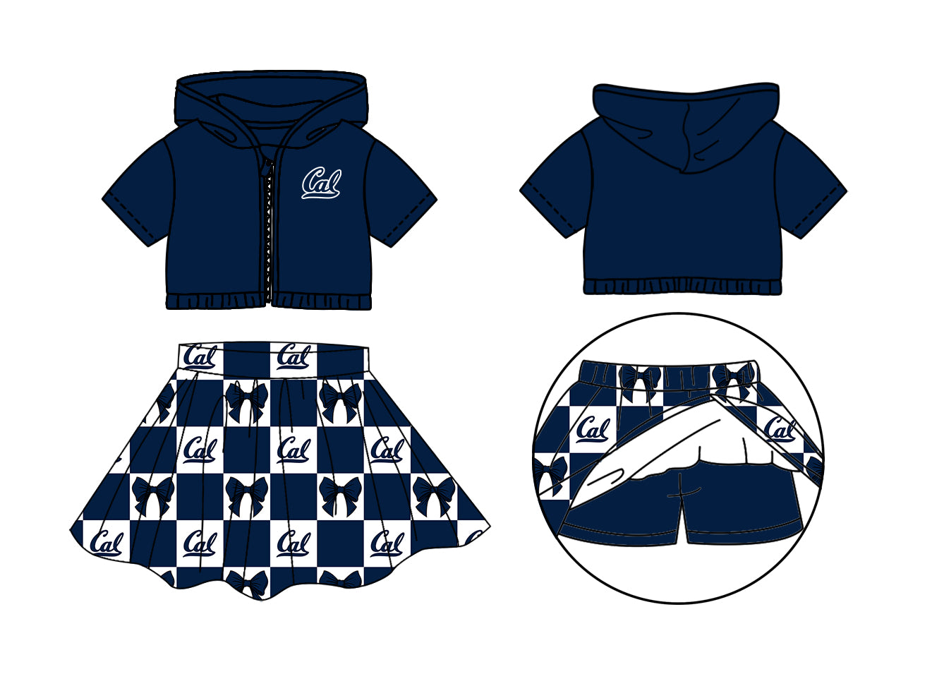 Preorder (moq 5)Baby Girls Navy Cal Bows Zip Hoodie Jackets Skirt Short Team Clothes Sets