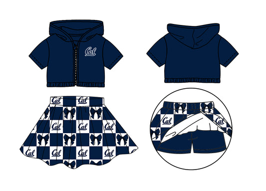Preorder (moq 5)Baby Girls Navy Cal Bows Zip Hoodie Jackets Skirt Short Team Clothes Sets