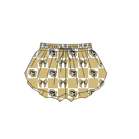 Preorder (moq 5)Baby Girls Gold CU Bows Checked Team Ruffle Shorts Bottom