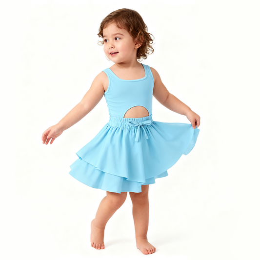 Baby Girls Aqua Sleeveless Vest Ruffle Bottom Yoga Shorts Knee Length Dresses Preorder