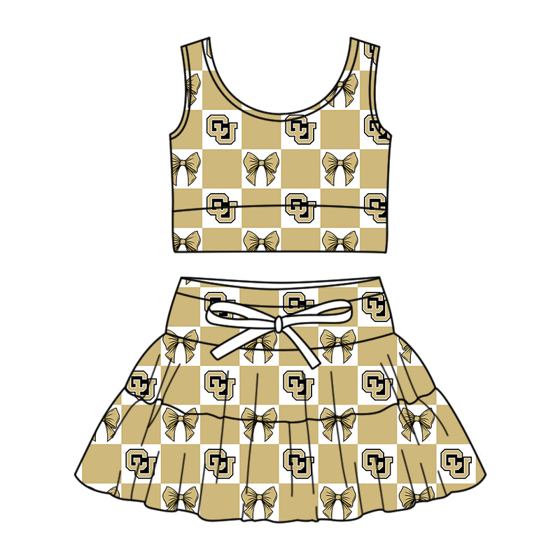Preorder (moq 5)Baby Girls Gold CU Bows Checked Vest Top Skirt Short Team Clothes Sets
