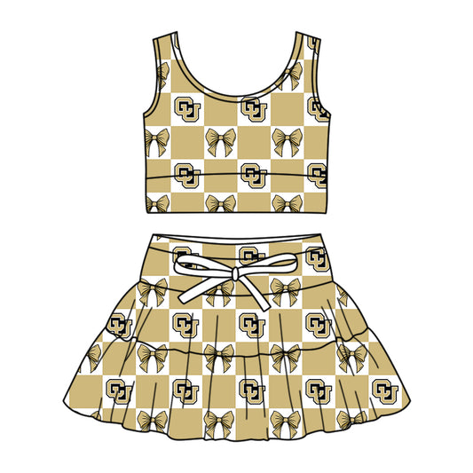 Preorder (moq 5)Baby Girls Gold CU Bows Checked Vest Top Skirt Short Team Clothes Sets