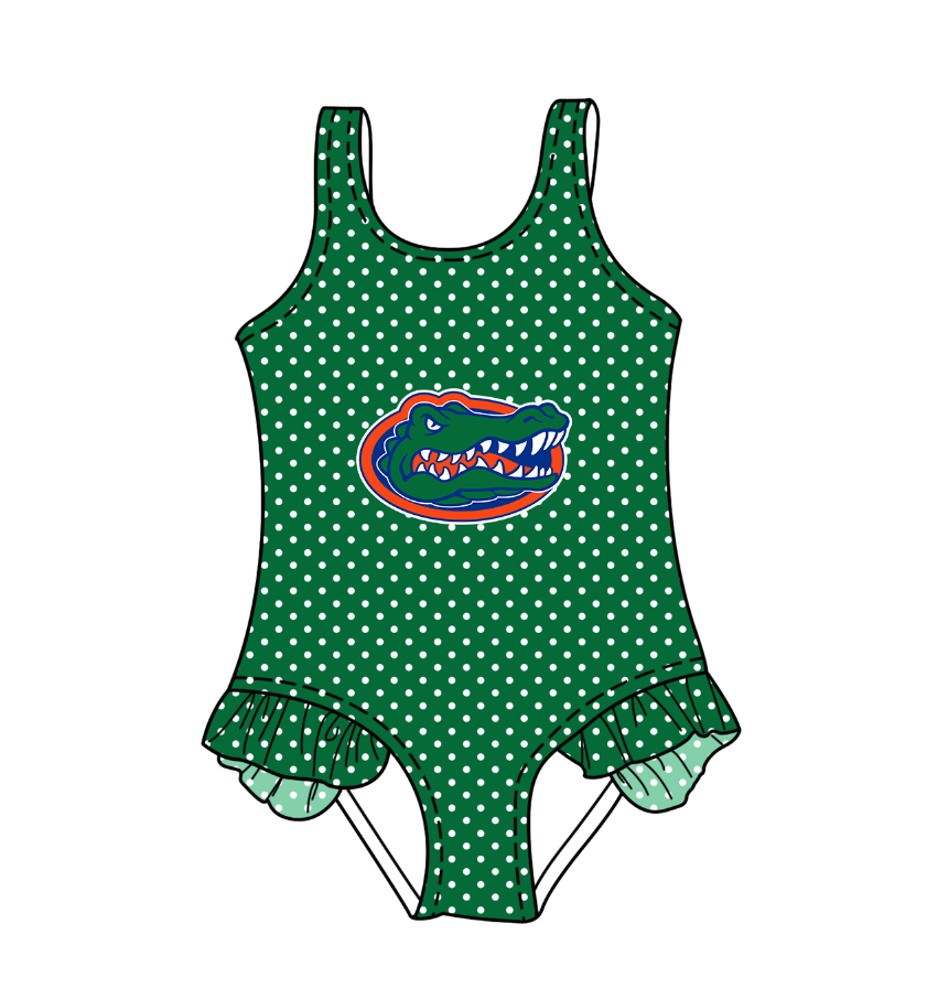 Preorder moq 5 Baby Girls Sleeveless Green Polka Dots Crocodiles Team Swimsuits