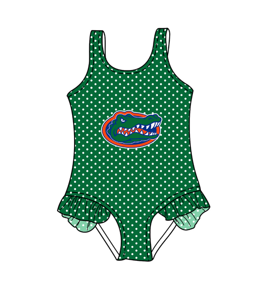 Preorder moq 5 Baby Girls Sleeveless Green Polka Dots Crocodiles Team Swimsuits