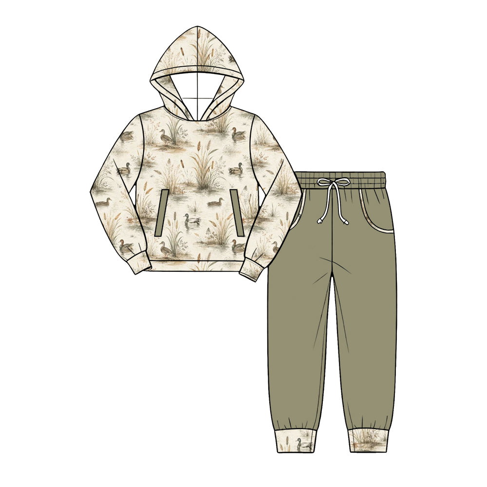 Preorder (moq 5) Baby Boy Clothes Vintage Reeds Mallard Duck Allover Print Long Sleeve Hoodie Jogger Pant Set