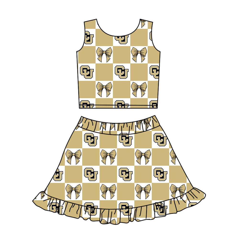 Preorder (moq 5)Baby Girls Gold CU Bows Checked Vest Ruffle Skirt Short Team Clothes Sets