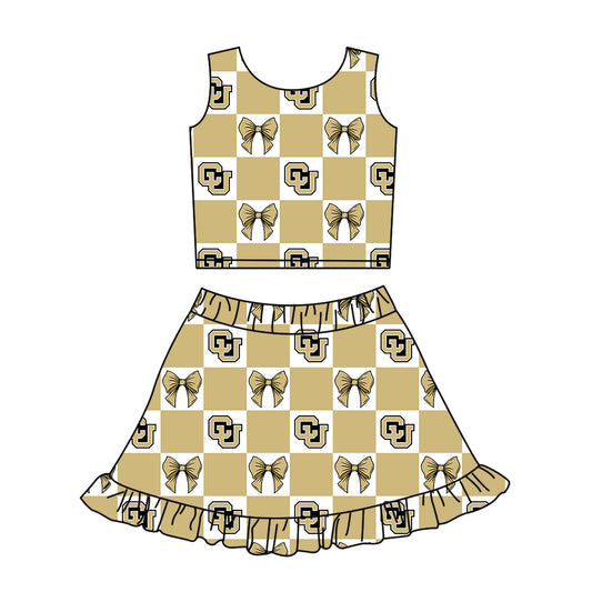 Preorder (moq 5)Baby Girls Gold CU Bows Checked Vest Ruffle Skirt Short Team Clothes Sets