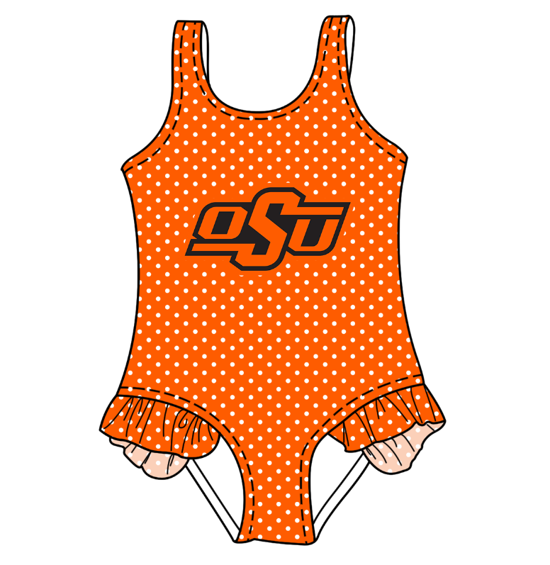 Preorder moq 5 Baby Girls Sleeveless Orange Polka Dots OSU Team Swimsuits