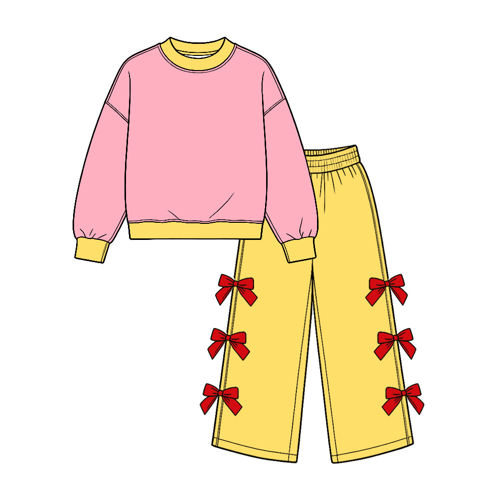 Preorder (moq 5) Baby Girl Clothes Solid Color Contrast Cuff Bow Accent Long Sleeve Wide Leg Pant Set
