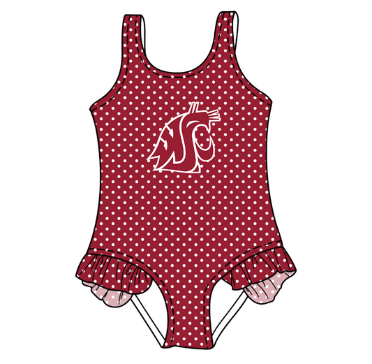 Preorder moq 5 Baby Girls Sleeveless Red Polka Dots WF Team Swimsuits
