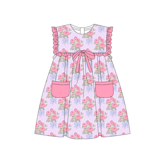 Preorder (moq 5)Baby Girls Sleeveless Pink Flowers Pockets Knee Length Dresses
