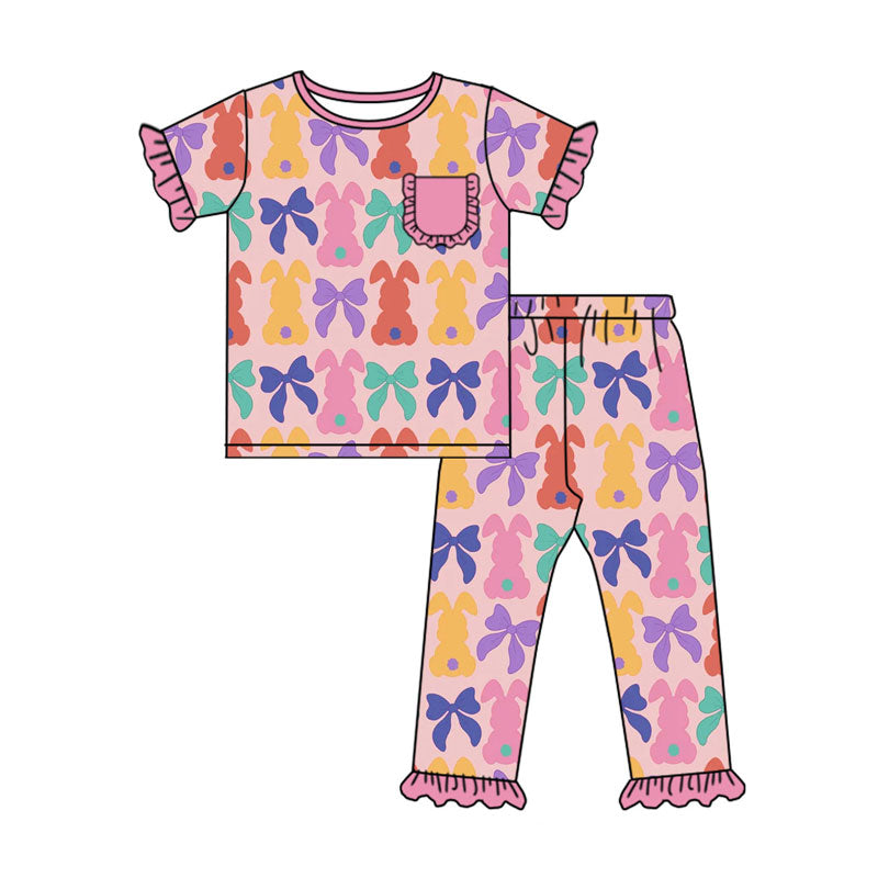 Preorder (moq 5)Baby Girls Colorful Bows Rabbits Top Ruffle Pants Easter Pajamas Sets