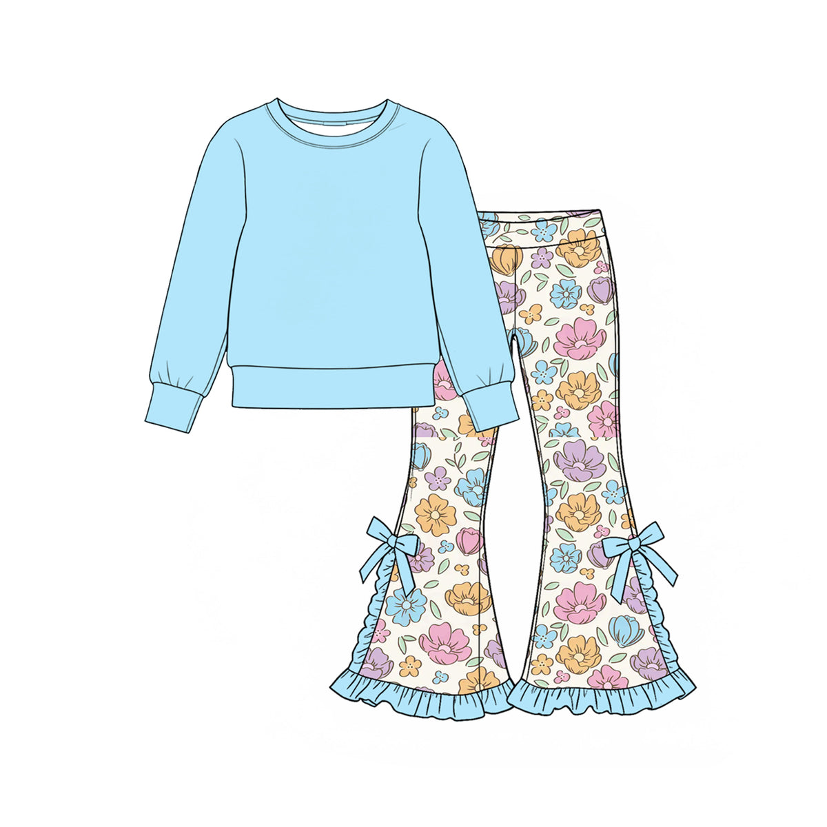 Preorder (moq 5) Baby Girl Clothes Spring Floral Print Ruffle Bow Flare Pants Solid Light Blue Long Sleeve Top Outfit Set