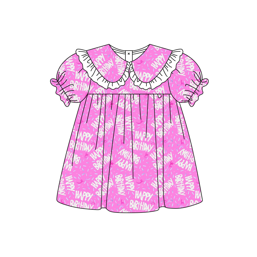 Preorder moq 5 Baby Girls Short Ruffle Sleeve Happy Birthday Collar Knee Length Dresses