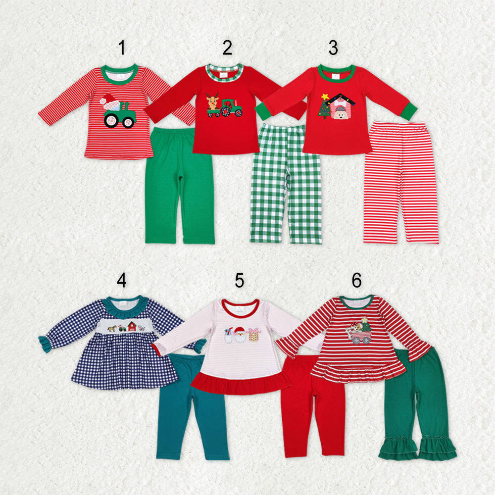 Sibling Baby Boys Girls Embroidery Trucks Santa Milks Top Pants Christmas Clothes Sets