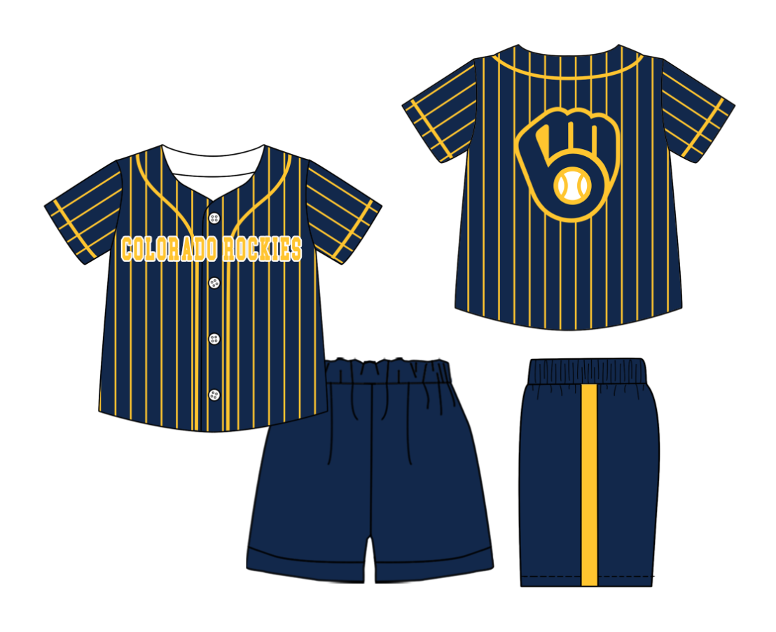 Preorder (moq 5)Baby Boys Yellow Stripe Colorado Rockies Button Top Shorts Team Clothes Sets
