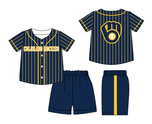 Preorder (moq 5)Baby Boys Yellow Stripe Colorado Rockies Button Top Shorts Team Clothes Sets