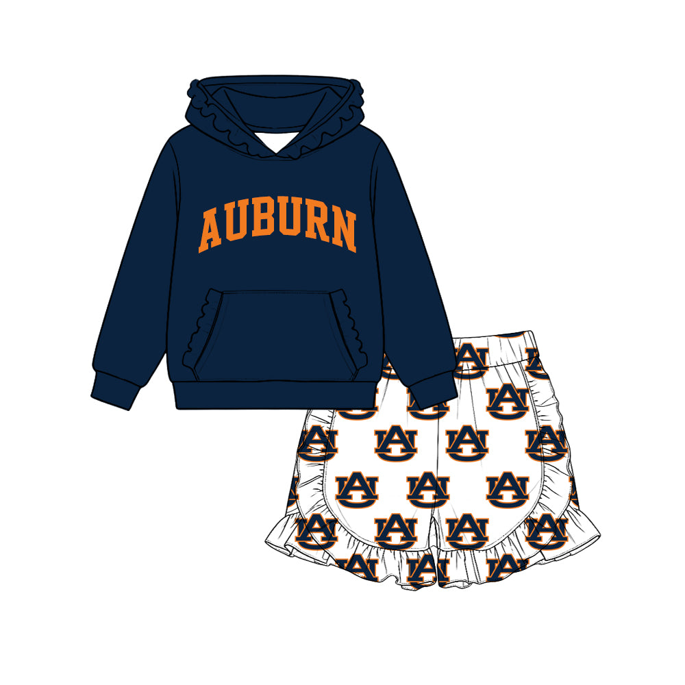 Preorder (moq 5) Baby Girl Clothes Auburn Letter Logo Print Long Sleeve Ruffle Hoodie & Ruffle Short Set