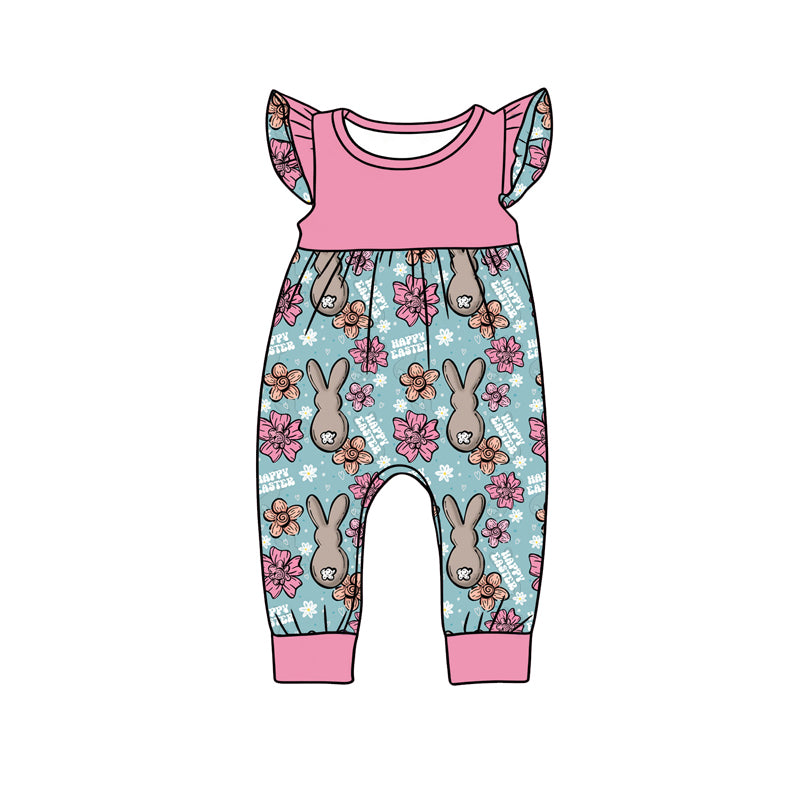 preorder(moq 5) Baby Girls Flutter Sleeve Flowers Rabbits Happy Easter Rompers