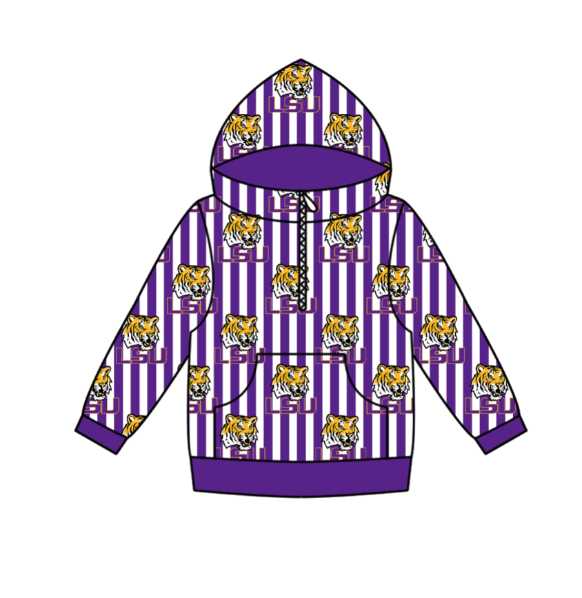 Preorder(moq 5) Baby Boys Zipper Pockets Purple Stripe LSU Tigers Team Hoodies Top