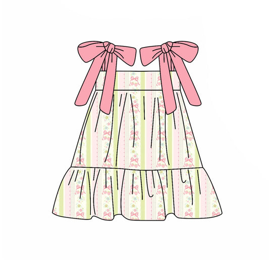 Preorder(moq 5) Baby Girls Peach Strap Bows Flowers Stripe Ruffle Knee Length Dresses