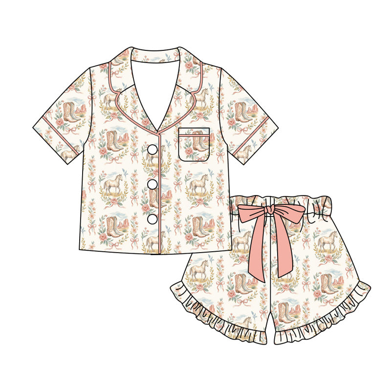 Preorder moq 5 Adult Women Flower Boot Horses Button Pocket Top Ruffle Short Western Pajamas Sets