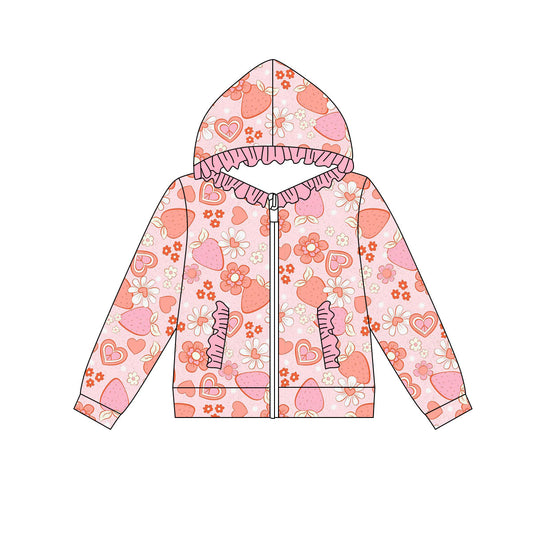 Preorder(moq 8)Baby Girls Hearts Strawberry Boots Pocket Zipper Ruffle Hoodie Jackets