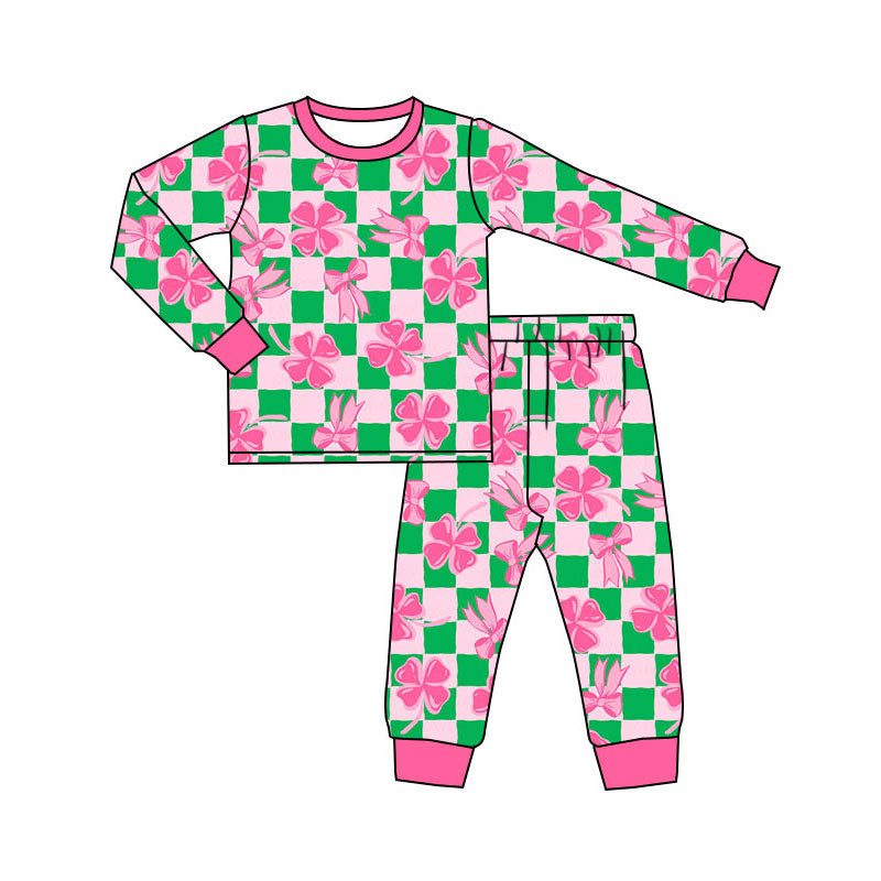 Preorder(moq 5) Baby Girls Bows Clovers Checked Top Pants St Patrick Pajamas Sets