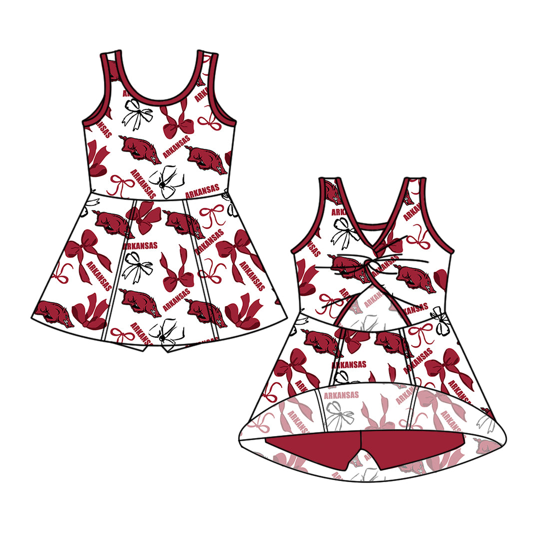 Preorder (moq 5)Baby Girls Sleeveless Arkansas Bows Team Shorts Knee Length Dress