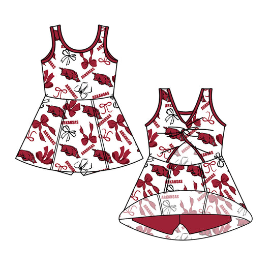 Preorder (moq 5)Baby Girls Sleeveless Arkansas Bows Team Shorts Knee Length Dress
