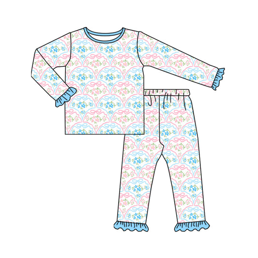 Preorder (moq 20)Baby Girls Bamboo Pink Blue Bows Flowers Checked Ruffle Pants Pajamas Sets