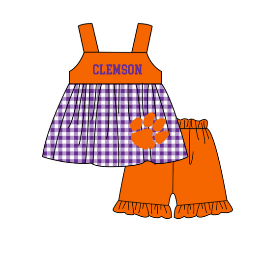 Preorder moq 5 Baby Girls Clemson Tunic Ruffle Short Team Clothes Set
