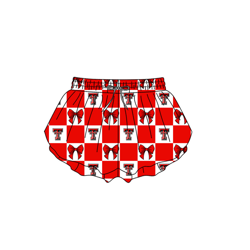 Preorder (moq 5)Baby Girls Red T Bows Checked Team Ruffle Shorts Bottom