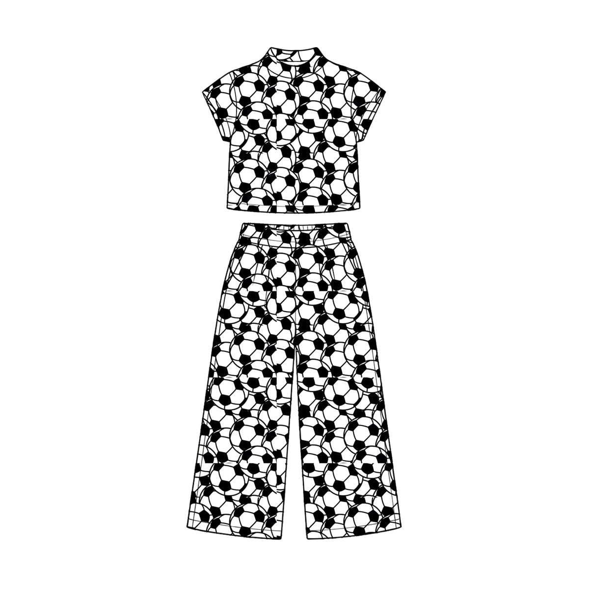 Preorder (moq 5) Baby Girl Clothes Soccer Ball Line Print Short Sleeve Crop Top Wide Leg Pant Set