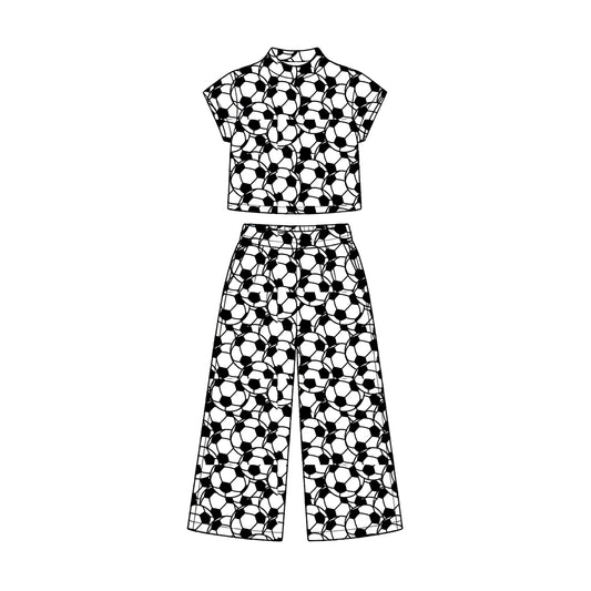 Preorder (moq 5) Baby Girl Clothes Soccer Ball Line Print Short Sleeve Crop Top Wide Leg Pant Set