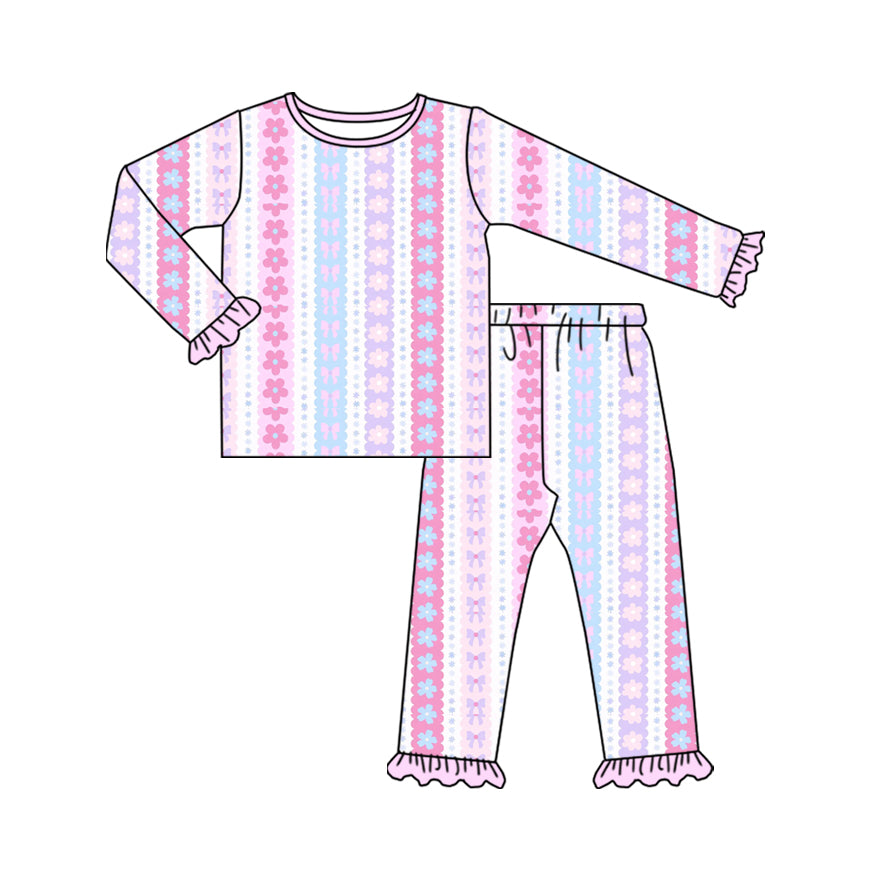 Preorder (moq 20)Baby Girls Bamboo Flowers Bows Stripe Ruffle Pants Pajamas Sets