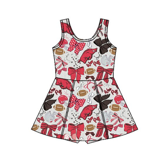 Preorder (moq 5)Baby Girls Bows Footballs Red Bulls Team Shorts Knee Length Dresses