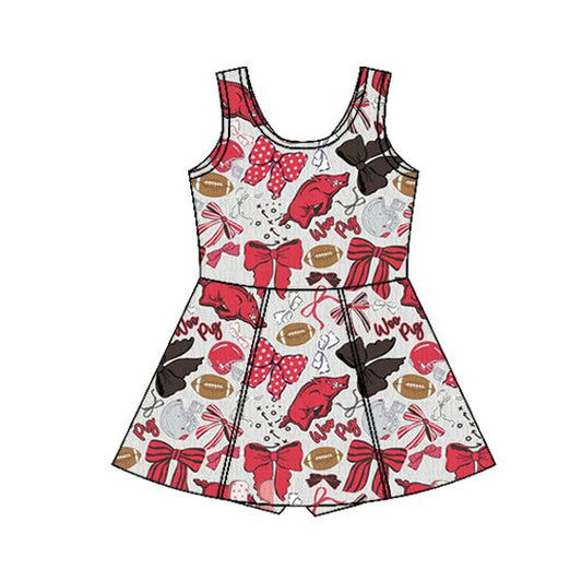 Preorder (moq 5)Baby Girls Bows Footballs Red Bulls Team Shorts Knee Length Dresses