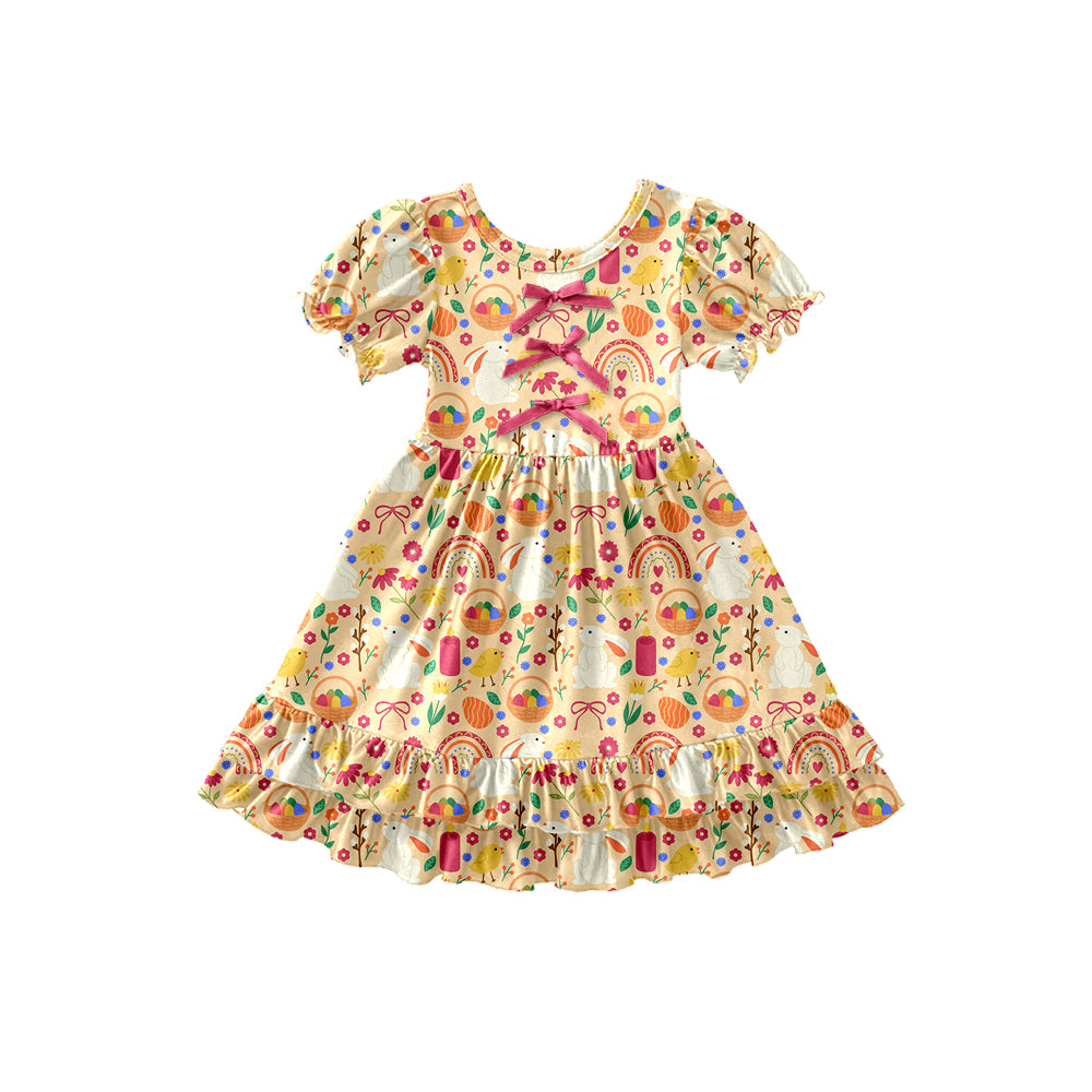 Preorder (moq 5)Baby Girls Rabbits Rainbows Bows Easter Ruffle Knee Length Dresses