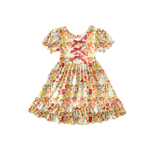 Preorder (moq 5)Baby Girls Rabbits Rainbows Bows Easter Ruffle Knee Length Dresses