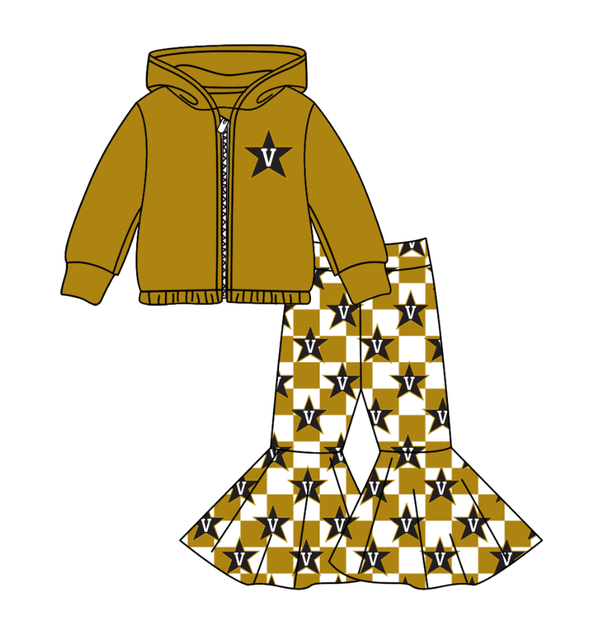 Preorder(moq 5) Baby Girls Gold V Stars Zipper Hoodie Jacket Bell Bottom Pants Team Clothes Sets
