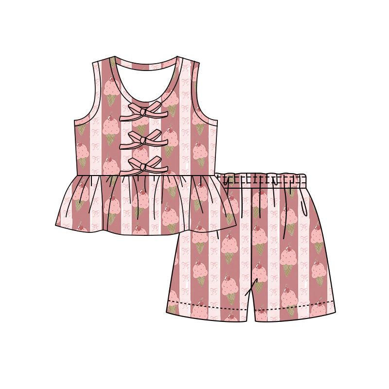Preorder (moq 5)Baby Girls Ice Creams Bows Stripe Button Tunic Shorts Clothes Set