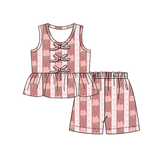 Preorder (moq 5)Baby Girls Ice Creams Bows Stripe Button Tunic Shorts Clothes Set