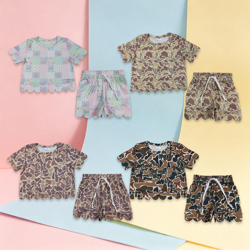 USA Shop Sibling Baby Girls Flowers Camo Top Pockets Shorts Scallop Clothes Sets